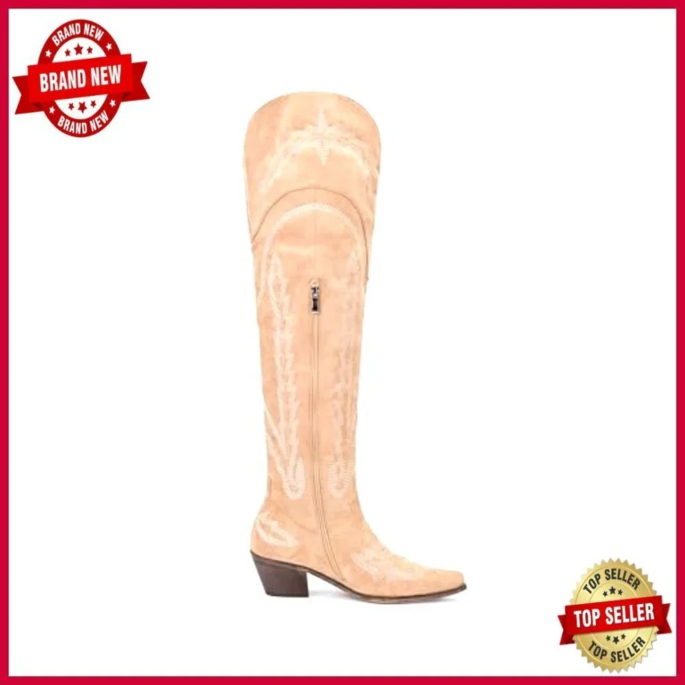 Over the Knee Cowboy Boots with Embroidery Chunky Heel Side Zipper Thigh High
